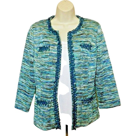 Chico's Jackets & Blazers - Chico's 0 Jacket S 4/6 Multi Color Blue Weave Pattern 3/4 Sleeve Polyester
